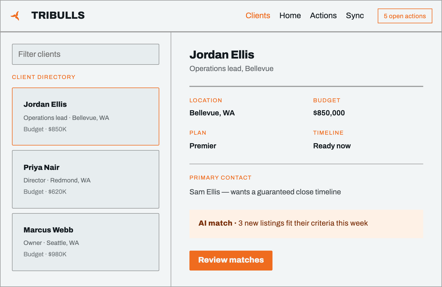 Tribulls client hub: budget, tier and dates tracked in one matrix
