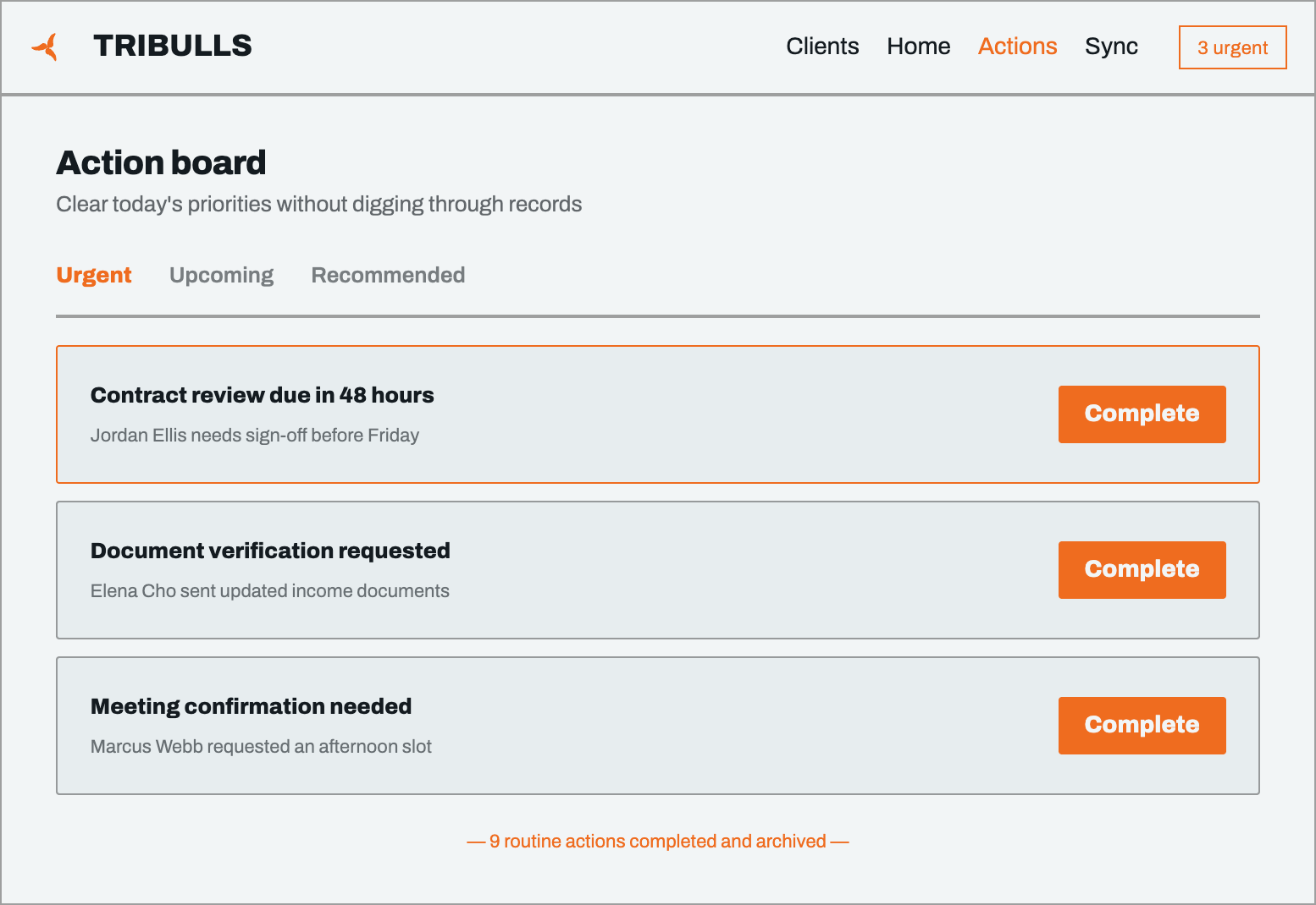 The Tribulls Action Board, showing urgent client actions queued for one-click execution